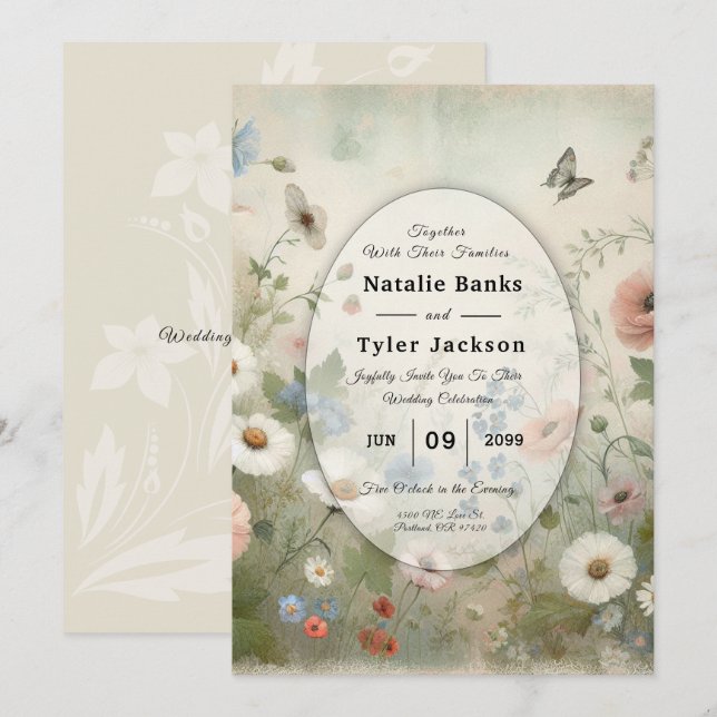 Invitation Fleurs Bohèmes et Vœux Anciens Mariage (Devant / Derrière)