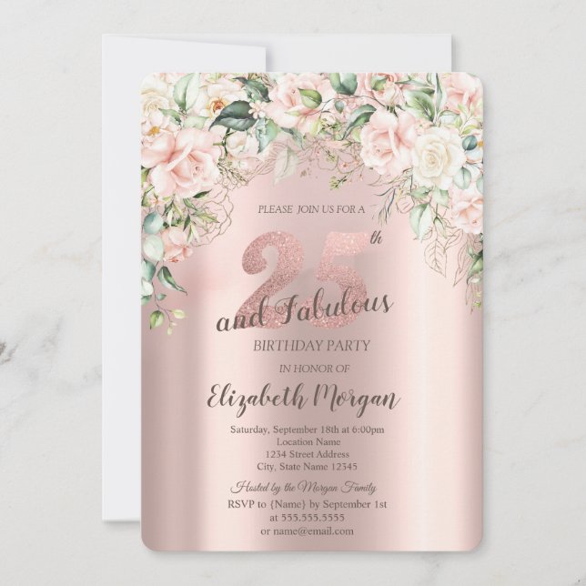 Invitation Fleurs Bohèmes Roses Or Rose 25e Anniversaire (Devant)