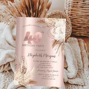 Invitation Fleurs Bohèmes,Verre à Champagne,Or Rose 40ème