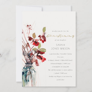 Invitation Fleurs bohèmes vintage rouges et vertes pour baptê