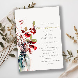 Invitation Fleurs bohèmes vintage rouges et vertes pour baptê