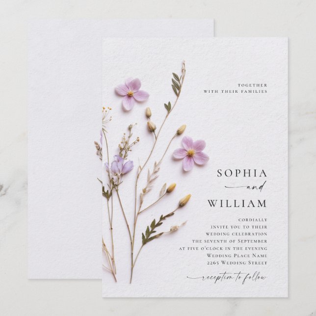 Invitation Fleurs Bohémiens au Pastel Sec Imprimées pour Mari (Devant / Derrière)