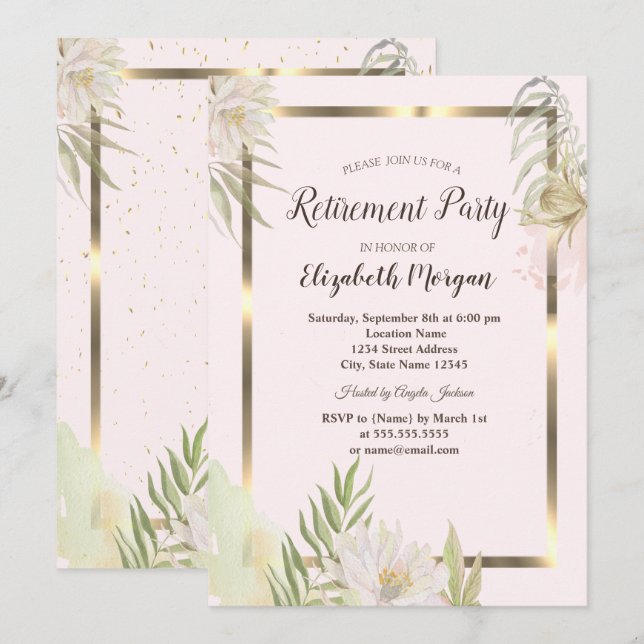 Invitation Fleurs Boho Aquarelle Cadre Doré Retraite  (Devant / Derrière)