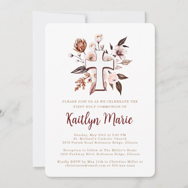 Invitation Fleurs Boho avec Croix Première Sainte Communion (Devant)