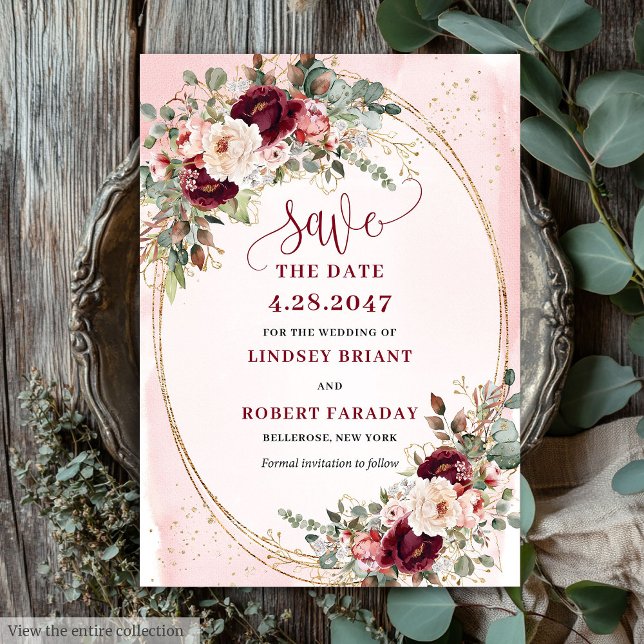 Invitation Fleurs Boho Bourgeon de Bourgogne Or Roses Enregis (Floral Boho Burgundy Blush Gold Roses Save the Date

)