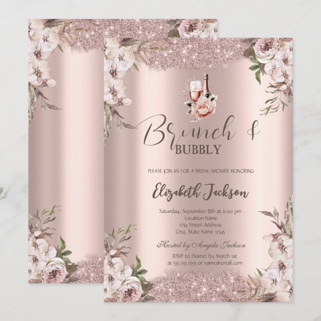 Invitation Fleurs Boho Cadre Brillants Rose Gold Mariage  (Devant / Derrière)