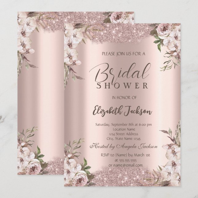Invitation Fleurs Boho Cadre Brillants Rose Gold Mariage  (Devant / Derrière)