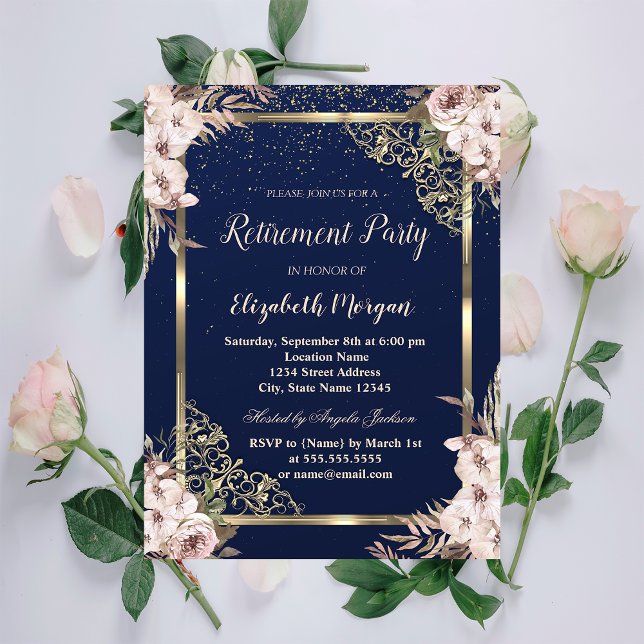 Invitation Fleurs Boho Cadre Or Bleu Marine Retraite  (Créateur téléchargé)