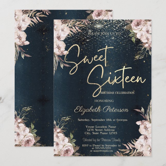 Invitation Fleurs Boho Confettis Bleu Foncé Sweet 16 (Devant / Derrière)