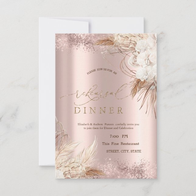 Invitation Fleurs Boho Confettis Rose Gold Dîner de Répétitio (Devant)