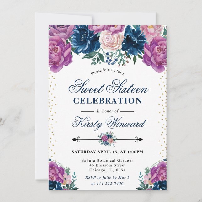 Invitation Fleurs Boho d'Été Violettes et Bleues Sweet Sixtee (Devant)