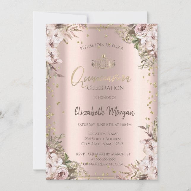 Invitation Fleurs Boho Diamants Quinceanera (Devant)