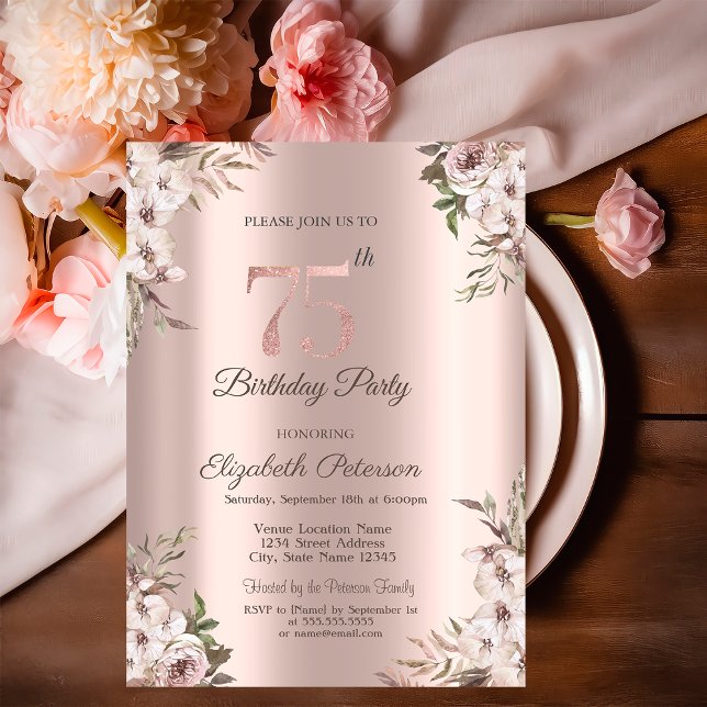 Invitation Fleurs Boho Élégantes Rose Gold 75e Anniversaire (Créateur téléchargé)