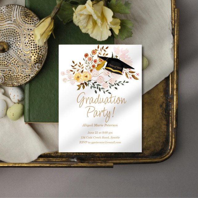 Invitation Fleurs Boho et fête de la casquette de graduation (Créateur téléchargé)