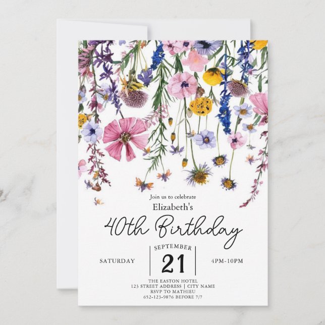Invitation Fleurs Boho Fleurs sauvages 40e anniversaire (Devant)