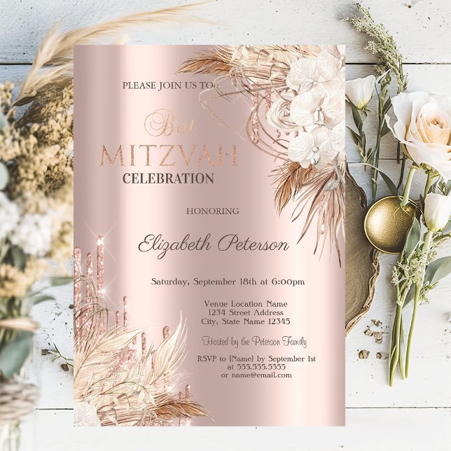 Invitation Fleurs Boho Glitter Drips Rose Gold Bat Mitzvah   (Créateur téléchargé)