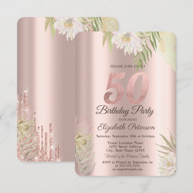 Invitation Fleurs Boho Gouttes de Paillettes Or Rose 50e Anni (Devant / Derrière)