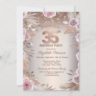 Invitation Fleurs Boho,Guirlande Lumineuse Bokeh 35e Annivers