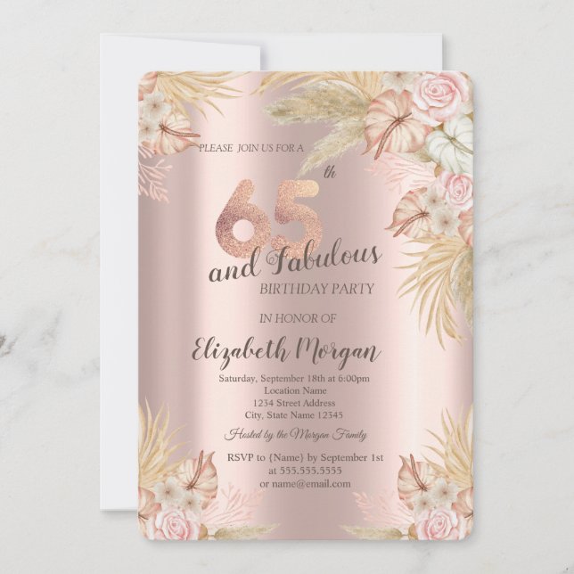 Invitation Fleurs Boho,Herbe de Pampa Rose Doré 65e Anniversa (Devant)