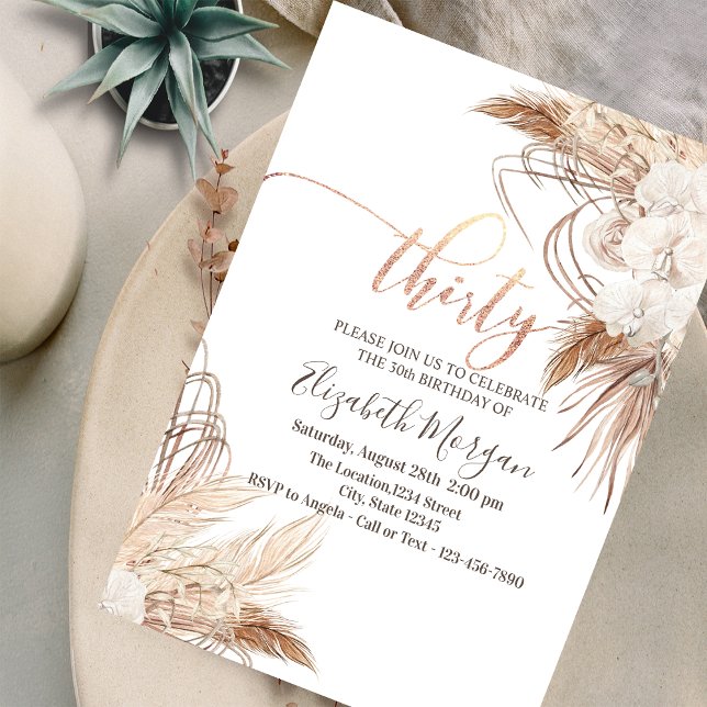 Invitation Fleurs Boho Herbe de Pampas 30e Anniversaire  (Créateur téléchargé)