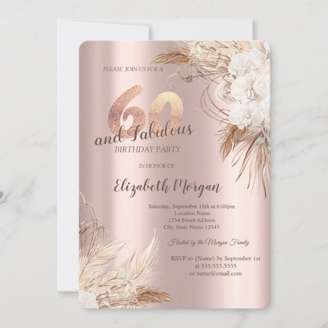 Invitation Fleurs Boho Herbe de Pampas Anniversaire 60 ans Ro (Devant)