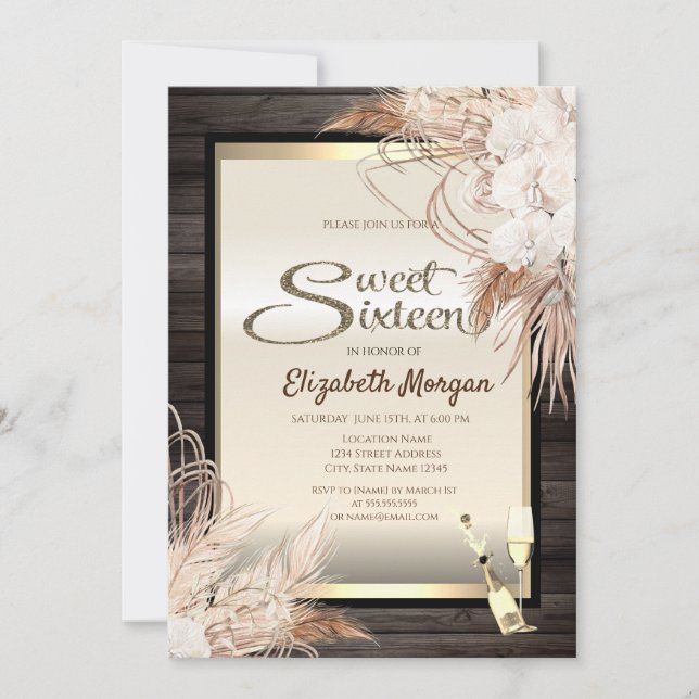 Invitation Fleurs Boho Herbe de Pampas Bois Douce 16 (Devant)