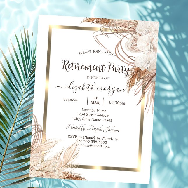 Invitation Fleurs Boho Herbe de Pampas Cadre Doré Retraite   (Créateur téléchargé)