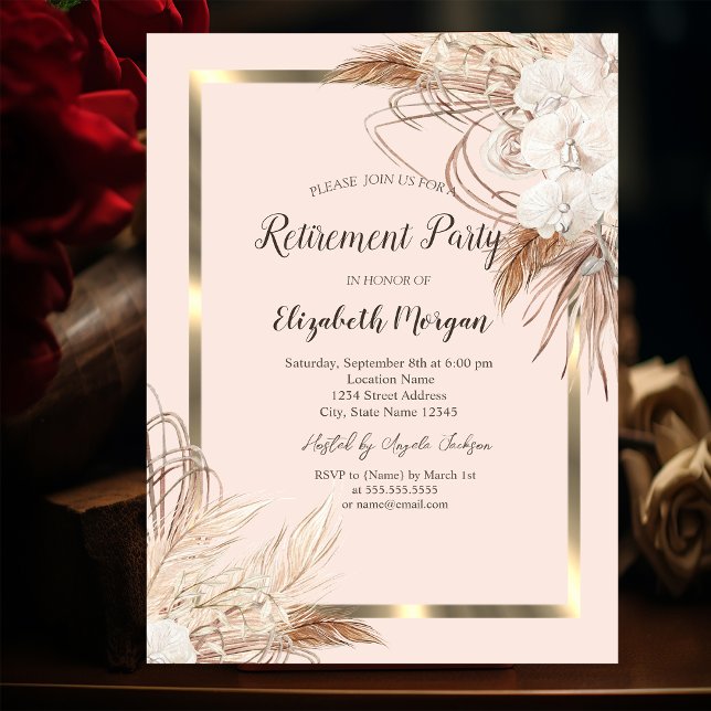 Invitation Fleurs Boho Herbe de Pampas Cadre Doré Retraite  (Créateur téléchargé)