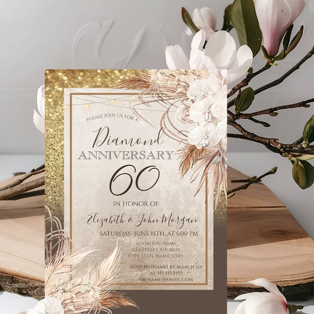 Invitation Fleurs Boho Herbe de Pampas Paillettes Anniversair (Créateur téléchargé)