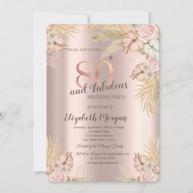 Invitation Fleurs Boho, Herbe de Pampas Rose Doré 80e Anniver (Devant)