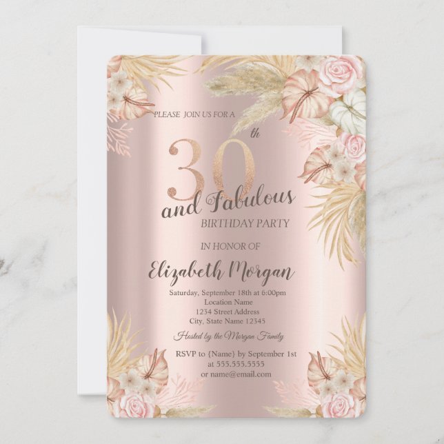 Invitation Fleurs Boho, Herbe des Pampas Rose Doré 30e Annive (Devant)