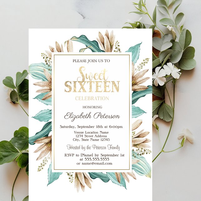 Invitation Fleurs Boho Herbe Sweet 16 (Créateur téléchargé)