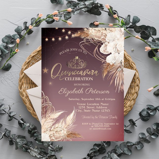 Invitation Fleurs Boho Lumières à cordes Quinceañera (Créateur téléchargé)
