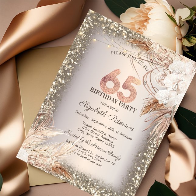 Invitation Fleurs Boho, Lumières Cadre Pailletant 65e Anniver (Créateur téléchargé)