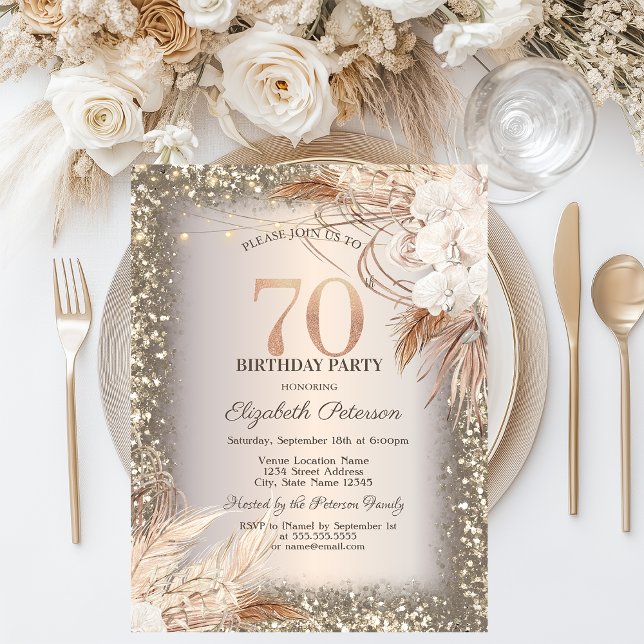 Invitation Fleurs Boho, Lumières Cadre Pailletant 70e Anniver (Créateur téléchargé)
