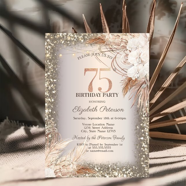 Invitation Fleurs Boho, Lumières Cadre Pailletant 75e Anniver (Créateur téléchargé)
