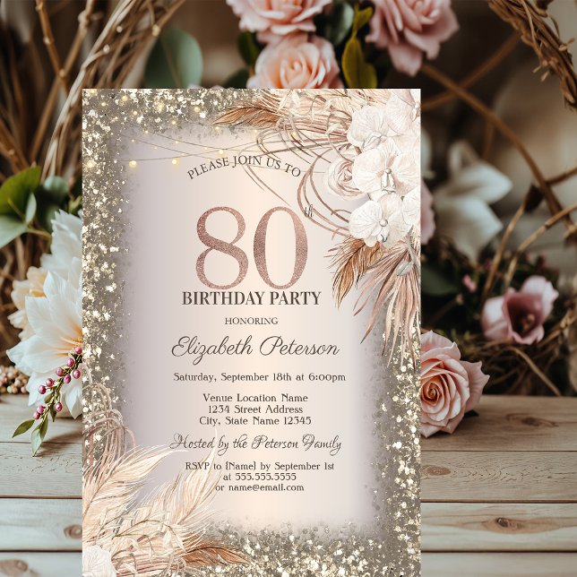 Invitation Fleurs Boho, Lumières Cadre Pailletant 80e Anniver (Créateur téléchargé)