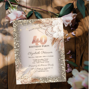 Invitation Fleurs Boho, Lumières Cadre Pailleté 40e Anniversa