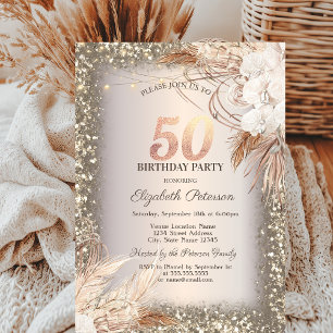 Invitation Fleurs Boho, Lumières Cadre Pailleté 50e Anniversa