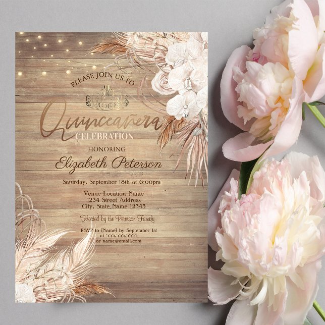 Invitation Fleurs Boho, Lumières, Quinceañera en bois (Créateur téléchargé)