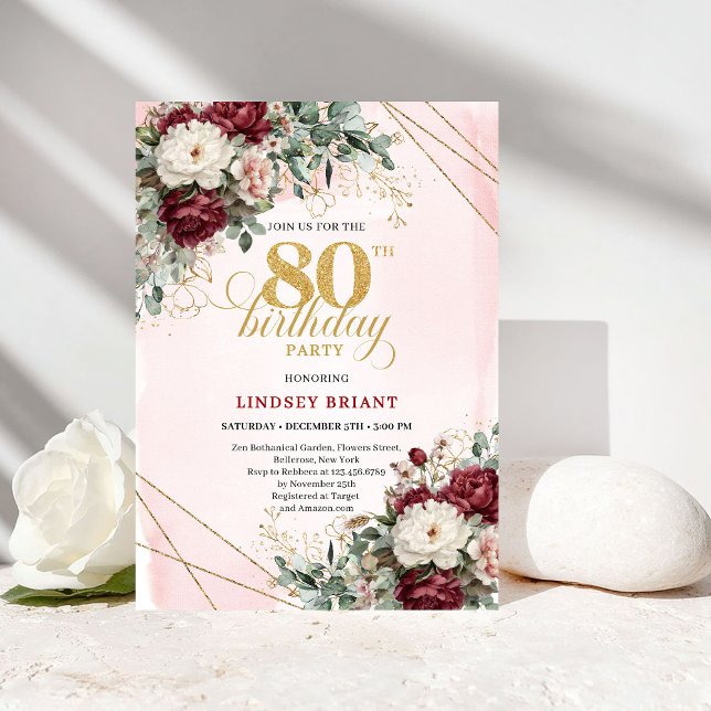 Invitation Fleurs Boho Marsala Eucalyptus 80e Anniversaire (Boho Marsala Flowers Eucalyptus 80th Birthday)