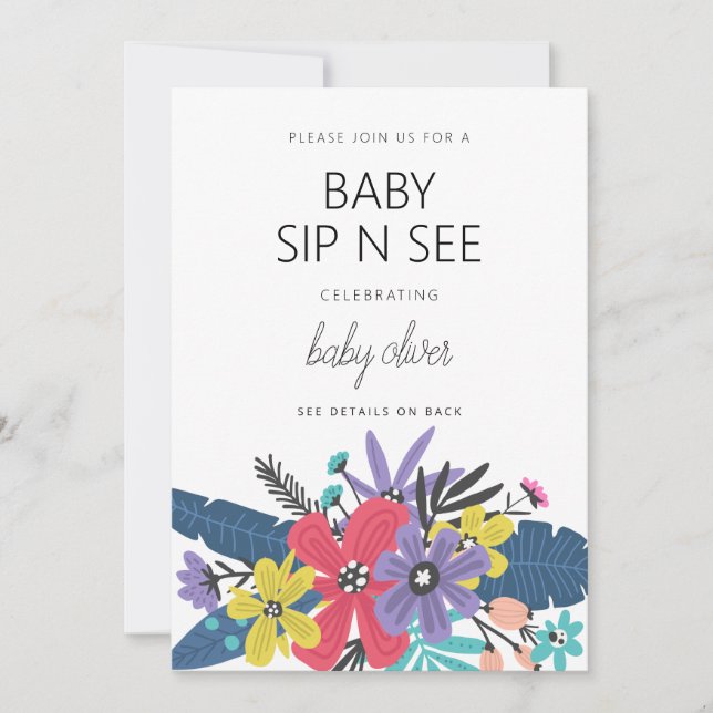 Invitation Fleurs Boho Modernes Garçon Bébé Boire Et Voir (Devant)