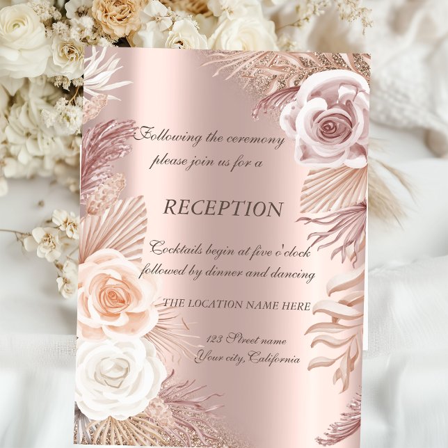 Invitation Fleurs Boho Ombré Pailleté Or Rose Réception  (Créateur téléchargé)