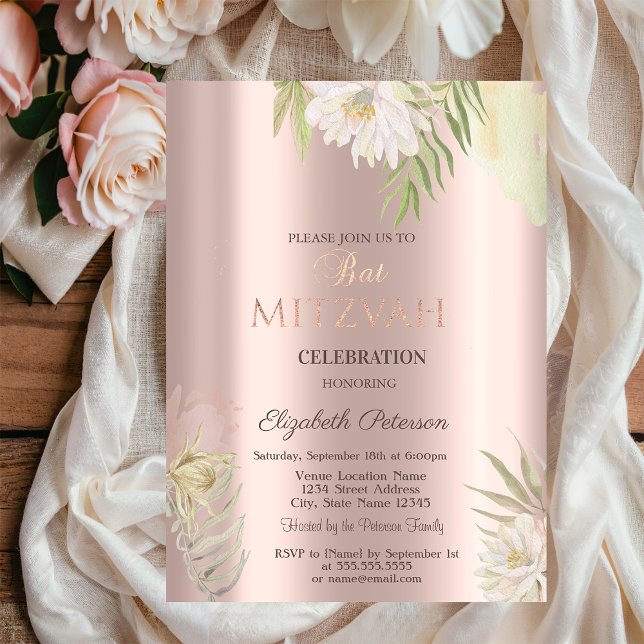 Invitation Fleurs Boho Paillettes Gouttes Rose Or Bat Mitzvah (Créateur téléchargé)