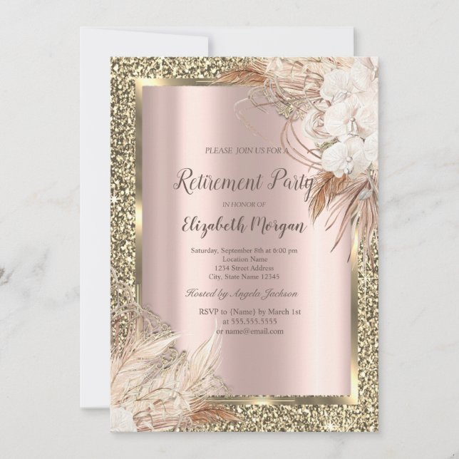 Invitation Fleurs Boho, Paillettes, Rose Or Retraite (Devant)