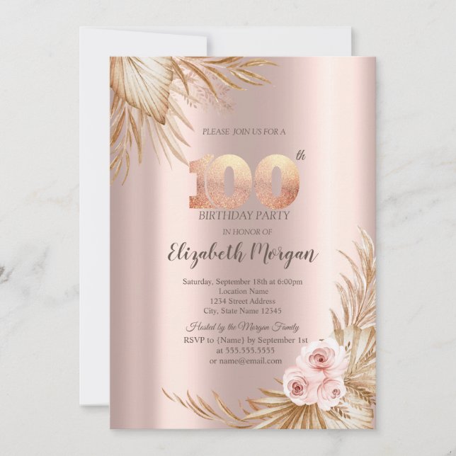 Invitation Fleurs Boho Pampas Rose Doré 100e Anniversaire (Devant)