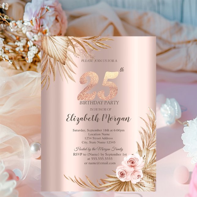 Invitation Fleurs Boho Pampas Rose Doré 25e Anniversaire (Créateur téléchargé)