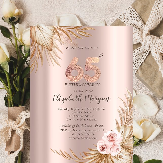Invitation Fleurs Boho Pampas Rose Doré 65e Anniversaire (Créateur téléchargé)