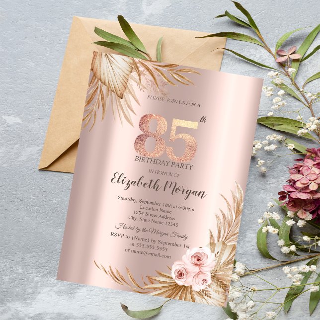 Invitation Fleurs Boho Pampas Rose Doré 85e Anniversaire (Créateur téléchargé)