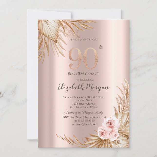 Invitation Fleurs Boho Pampas Rose Doré 90e Anniversaire (Devant)
